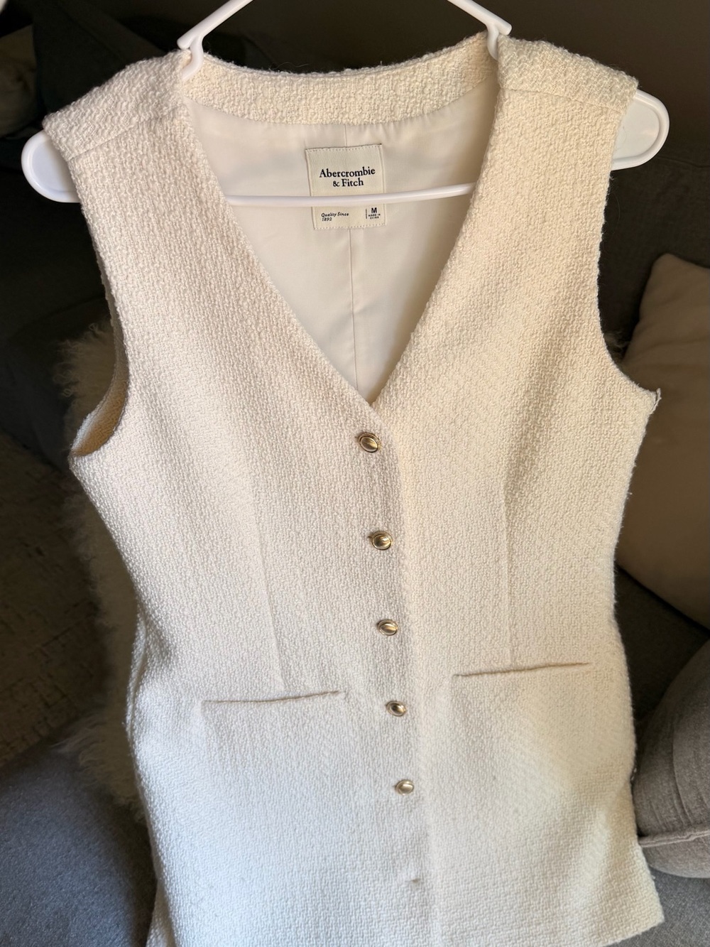 Abercrombie & Fitch Cream Textured Button Front Dress Vest
